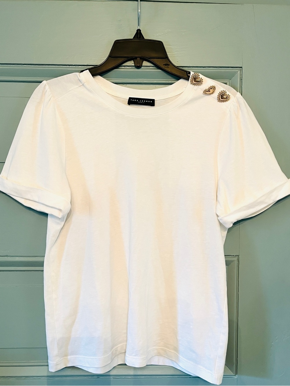 Tara Jarmon Paris white Tampa T with gold sparkly heart buttons